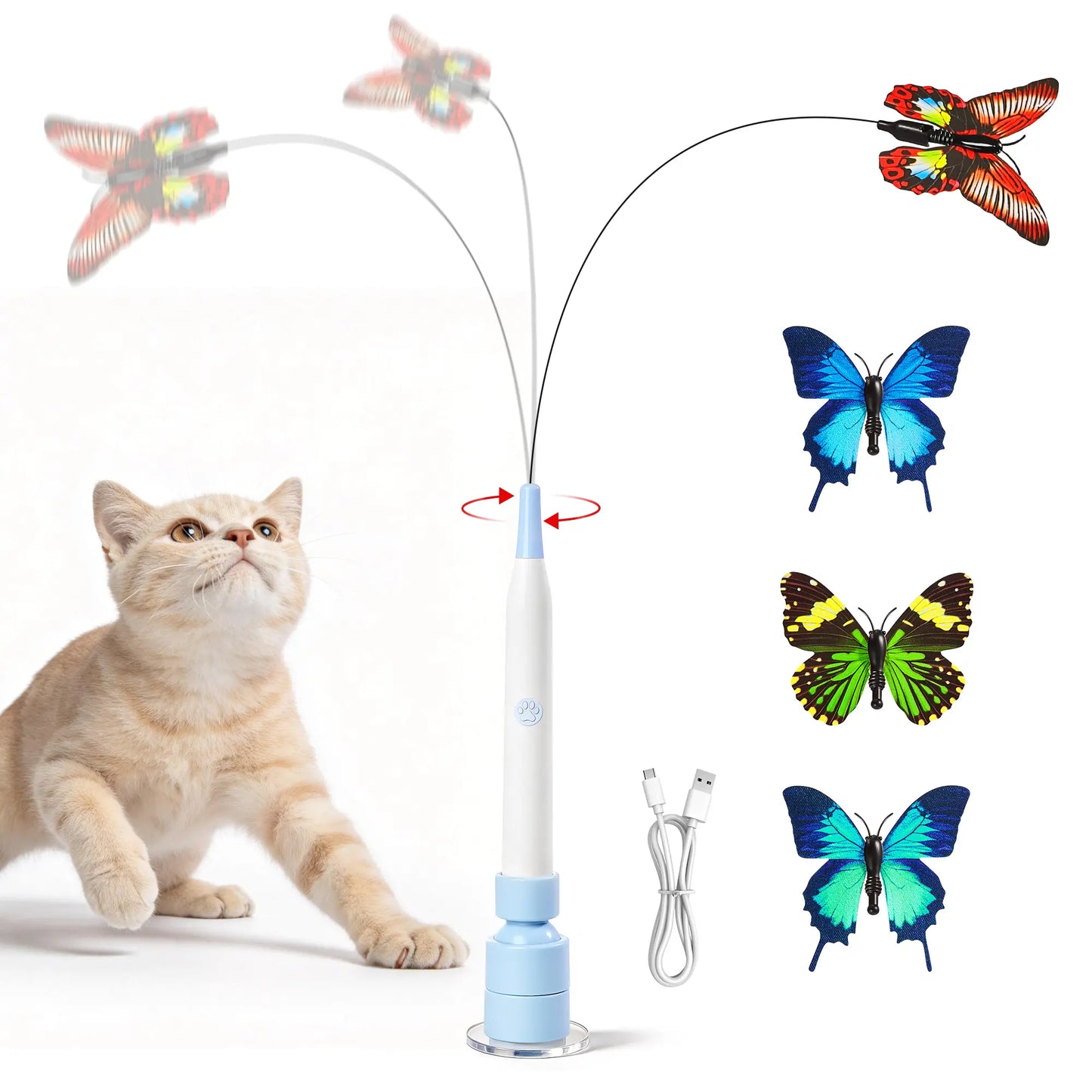 Potaroma Spinning Butterfly Cat Toy Wand – Rechargeable Electric Touch-Activated Interactive Cat Teaser with Suction Cup, Self-Play & Handheld Modes, Durable Automatic Play for Indoor Kittens and Cats #SummerVibes #petlovers