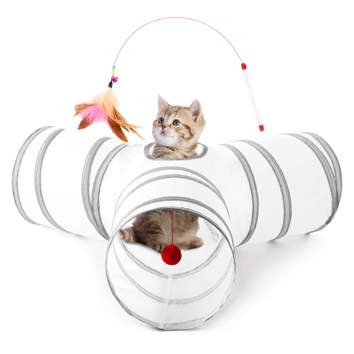 Tempcore Pet Cat Tunnel Tube Toys 3 Way Collapsible, Tunnels for Indoor Cats, Interactive Tube with Teaser Wand, Peek Holes & Hanging Ball, Black & Blue