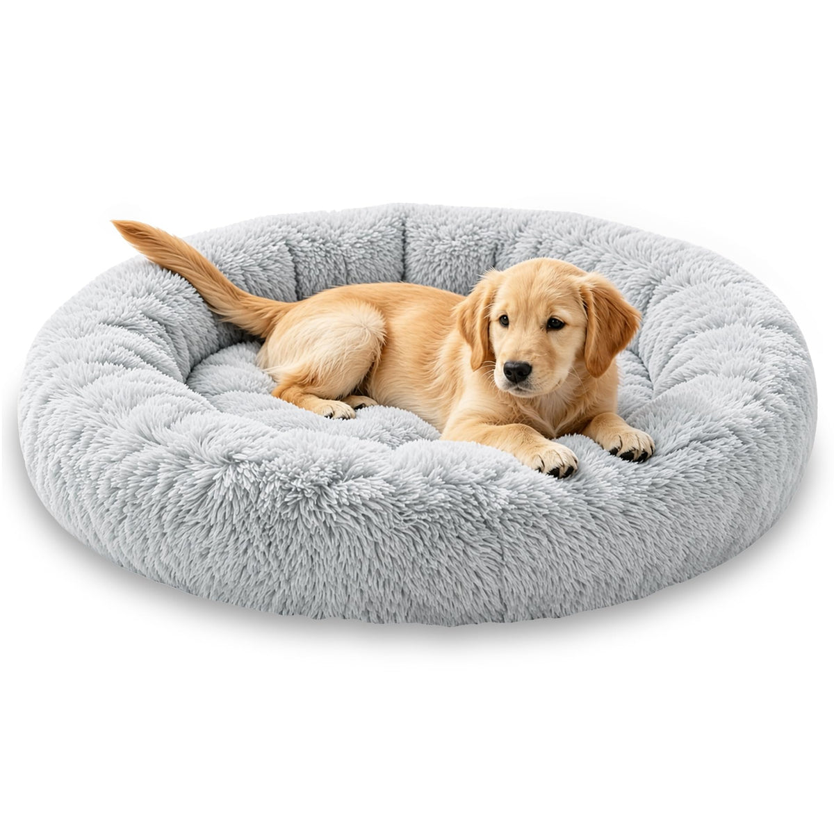 Calming Donut Dog and Cat Bed for Indoor Cats, Anti-Anxiety Round Fluffy Soft Washable Small Pet Bed for Puppy and Kitten, Warming Comfortable Luxury Anti-Slip Waterproof Mute Base 20in Gray