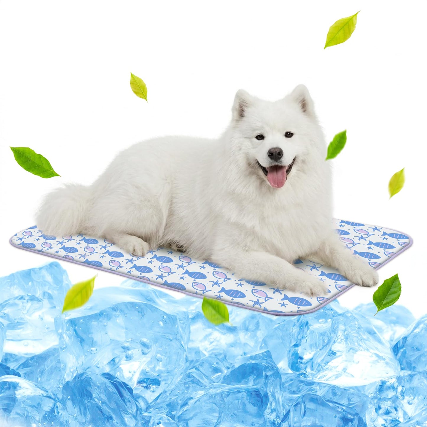 NWK Pet Cooling Mat -Q-Max>0.345 Ice Silk Cooling Mat for Dogs & Cats Portable & Washable Pet Cooling Blanket, Car Seats, Beds for Summer (Green Leaf, 20'' X 16'' X 0.3'')