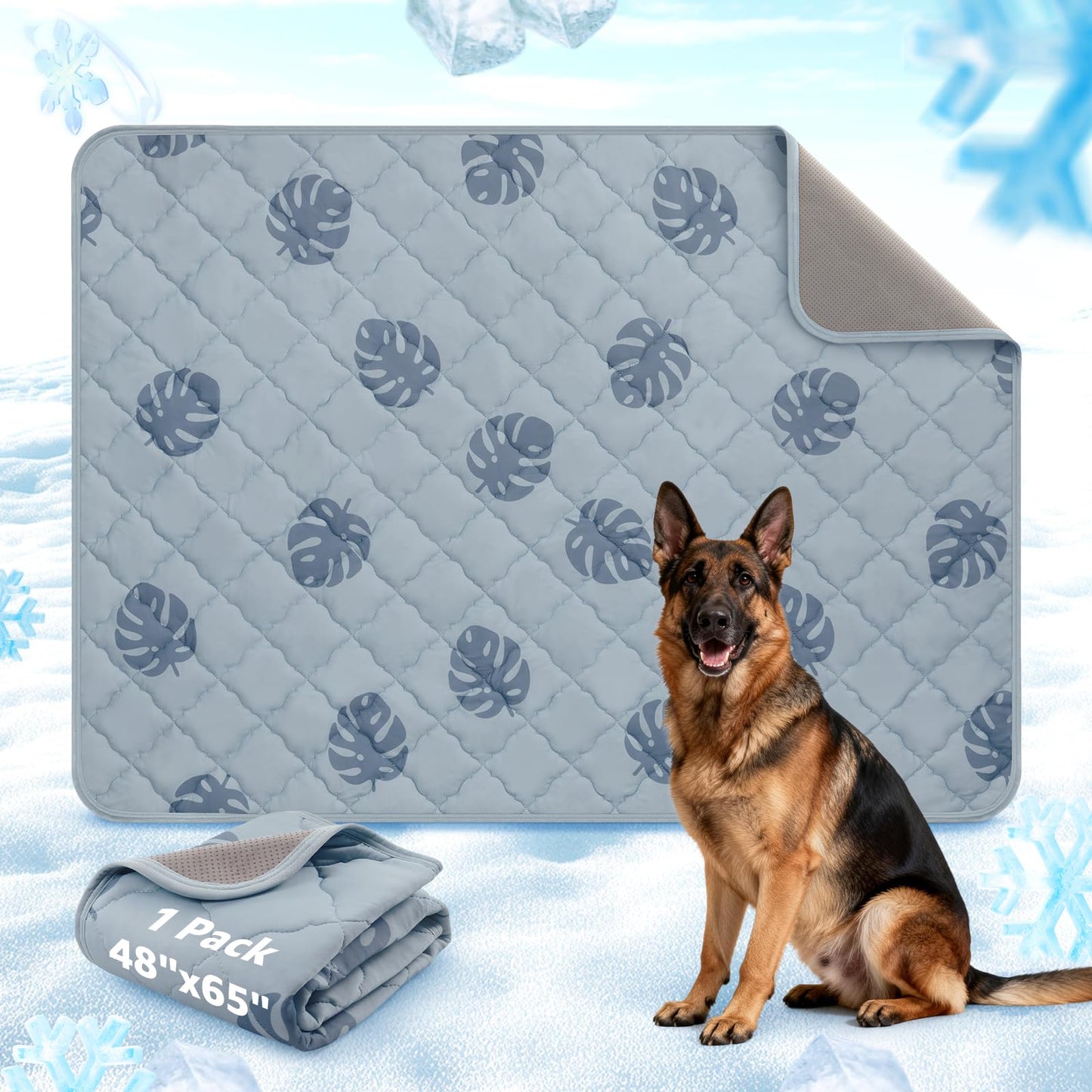 LOOBANI Dog Cooling Mat for Large Dogs - 56"x36" Pet Cooling Mat with Anti-Slip Bottom, Waterproof Self-Cooling Dog Pad for Crate, Floor & Car, Grey Monstera (Grey, 56"x36")