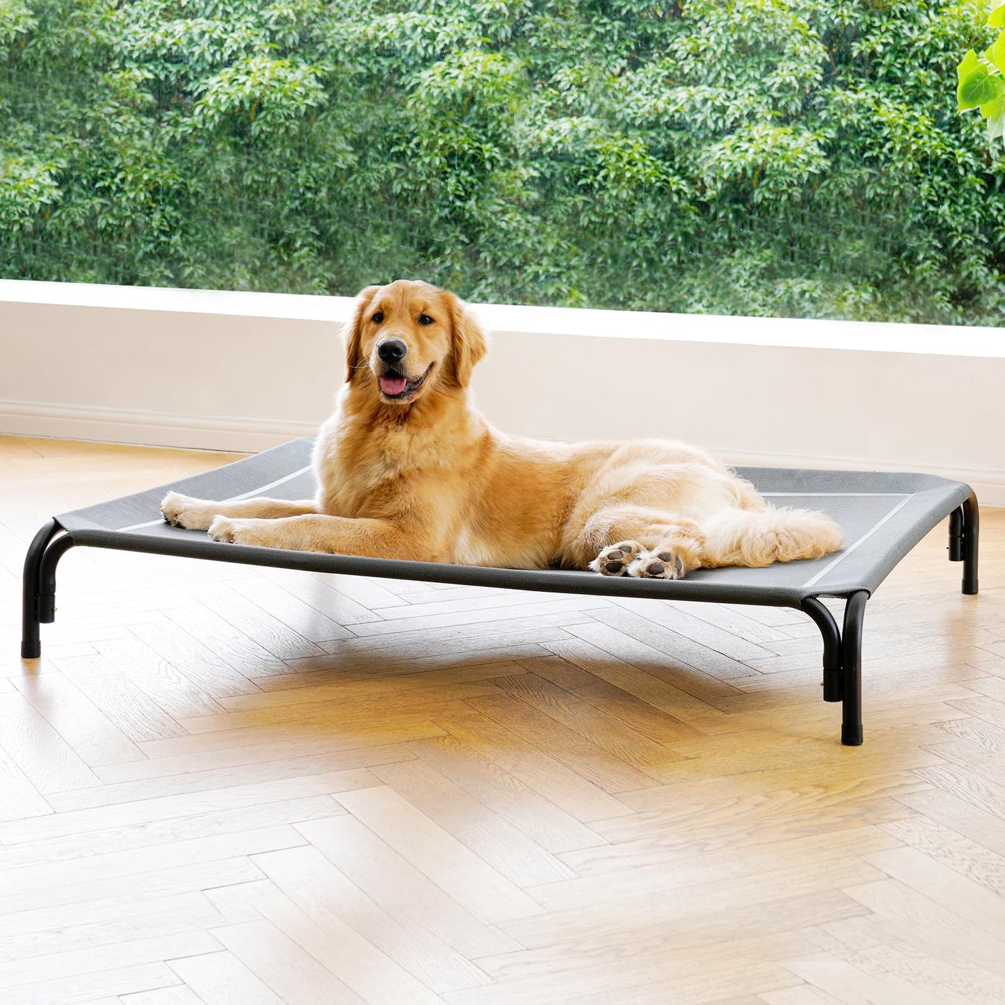Elevated Dog Bed Raised Outdoor Dog Cot for Large Dogs, Installation Requires No Tools, Frame with Washable Cooling Breathable Mesh Anti-Slip Feet, Indoor Pet Bed, Black, 43.3 Inches