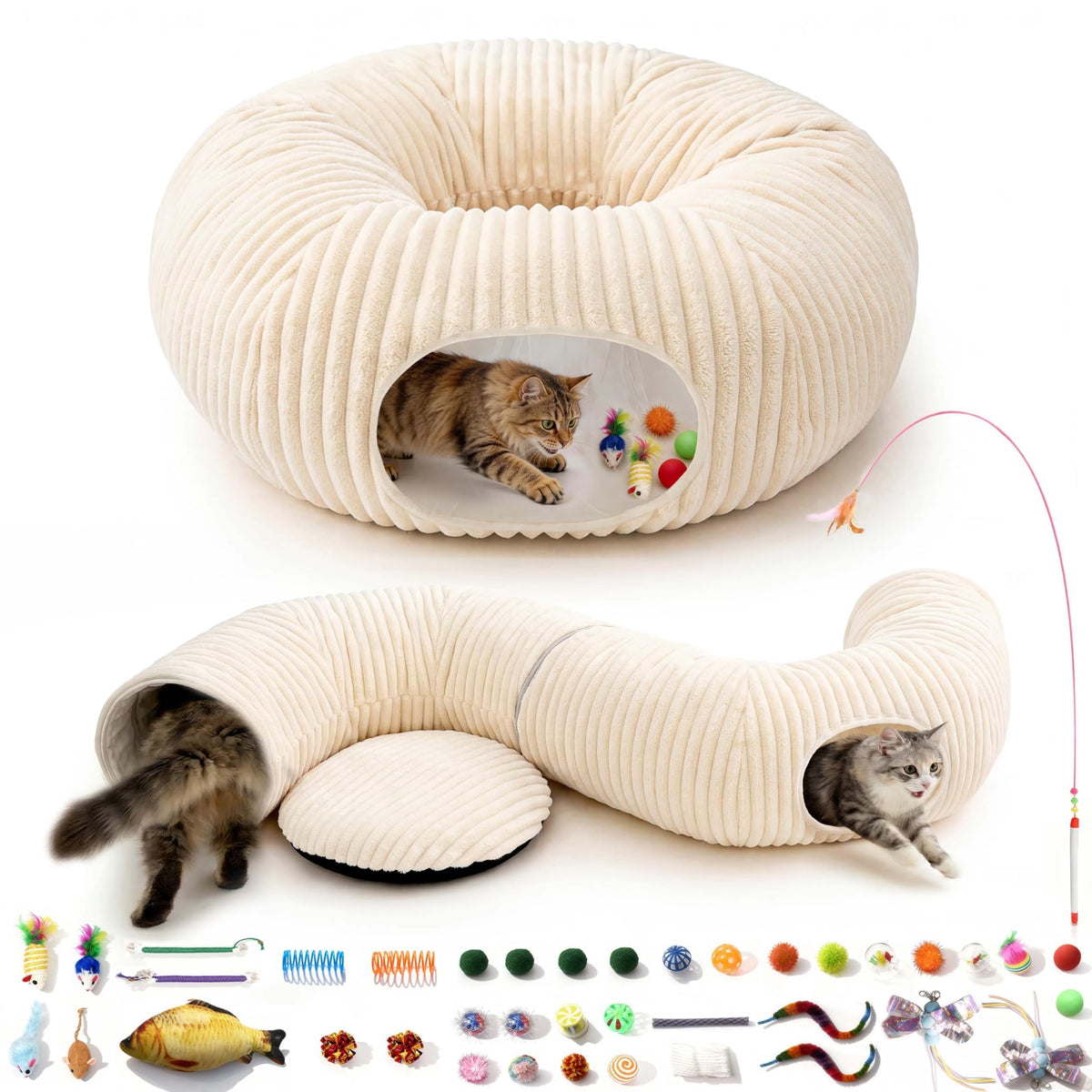 Cat Tunnel Bed with 40 Pcs Interactive Cat Toys, Cat Tube with Kitten Toys for Indoor Kittens, Collapsible Play Tunnel, White
