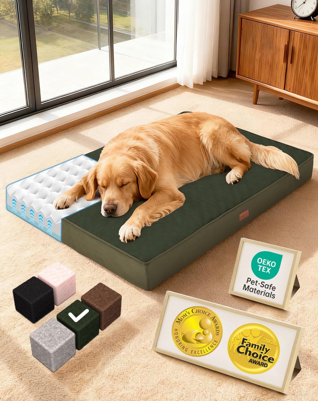 OhGeni Orthopedic Waterproof Dog Bed for Extra Large Dogs, Machine-Washable Removable Cover in Easy-Clean Fabric, Reversible Memory Foam & Easy-Carry Handle, Suitable for Crate, 41 inch (Gray)