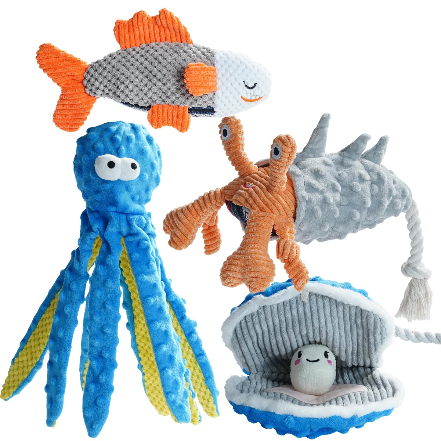 Nocciola 4 Packs Crinkle Squeaky Dog Toys for Aggressive Chewers, Tough Durable Stuffed Plush Rope Tug Puppy Chew Toy for Small Medium Large Breeds