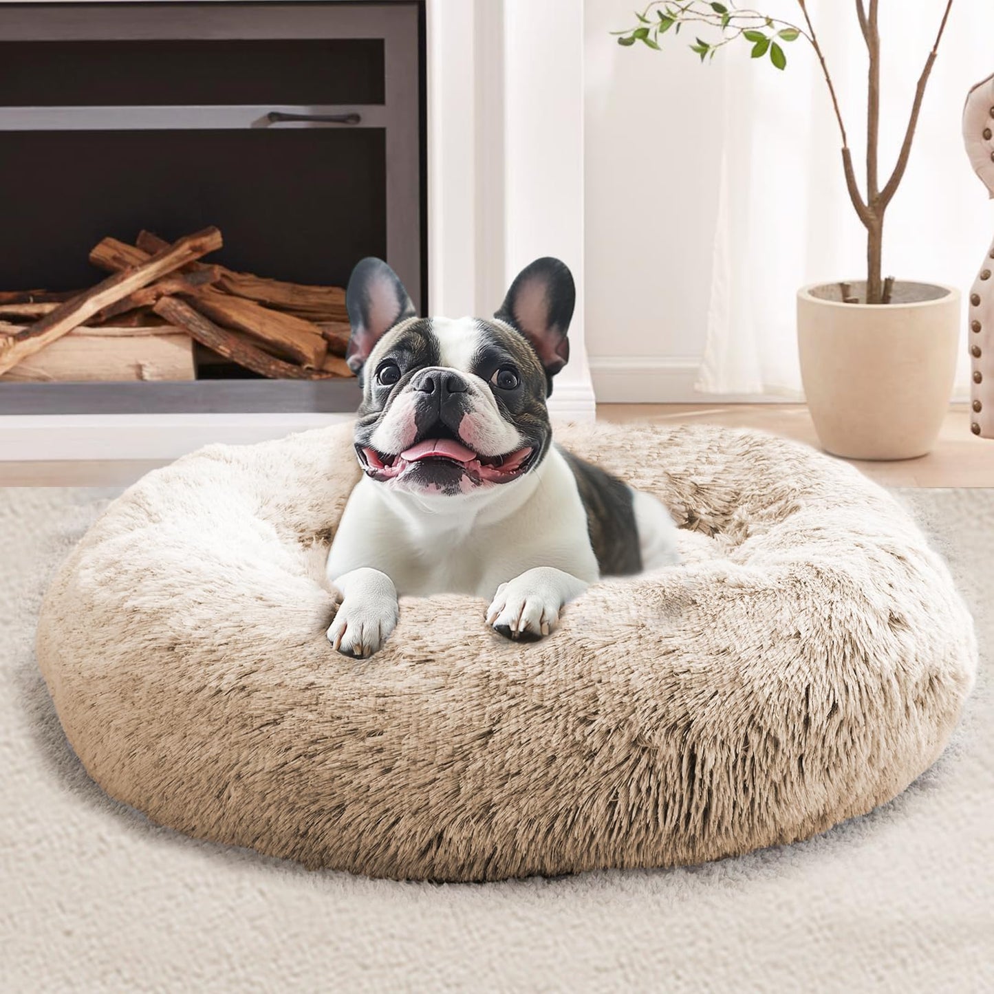 JOLLYVOGUE Small Dog Bed, Calming Dog Beds for Small Dogs & Indoor Cats - 20 Inches Donut Washable Cat Bed for Kittens & Puppies, Round Fluffy Plush Faux Fur Pet Beds(Smoke Grey)