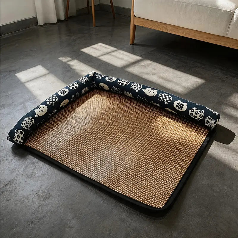 Pet cooling mat for cats and dogs, breathable woven design for summer cooling, includes soft-edged cushion, non-slip and wear-resistant pet bed available in multiple sizes