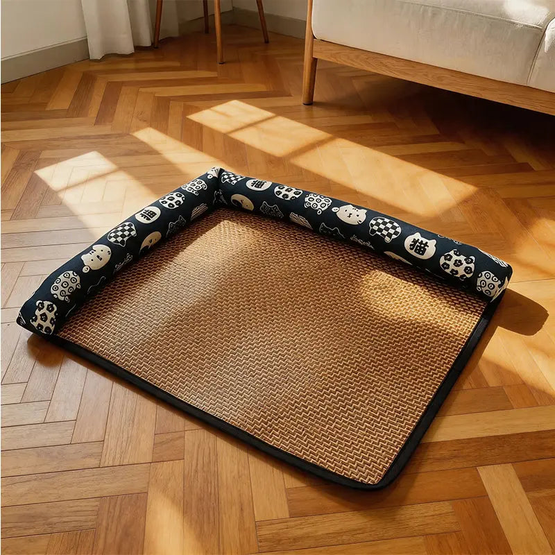 Pet cooling mat for cats and dogs, breathable woven design for summer cooling, includes soft-edged cushion, non-slip and wear-resistant pet bed available in multiple sizes