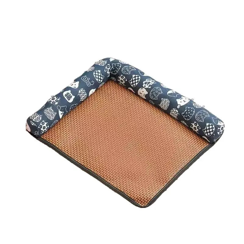 Pet cooling mat for cats and dogs, breathable woven design for summer cooling, includes soft-edged cushion, non-slip and wear-resistant pet bed available in multiple sizes