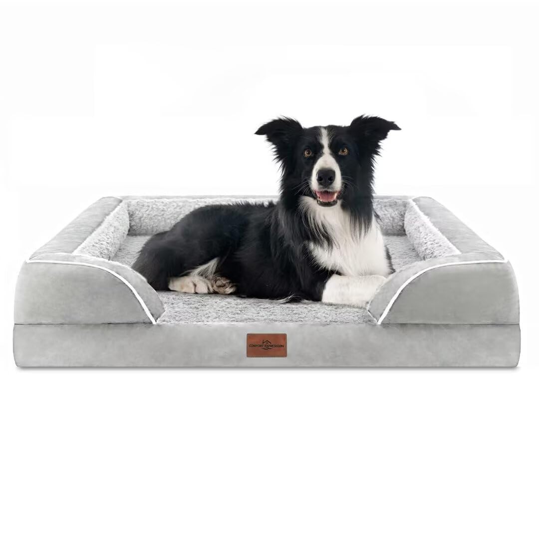 Comfort Expression Orthopedic Dog Bed for Extra Large Dogs with Bolster | Waterproof Dog Couch Bed with Washable Cover & Non-Slip Bottom, Supportive Egg Crate Foam XL Pet Bed, 42x30 Inch