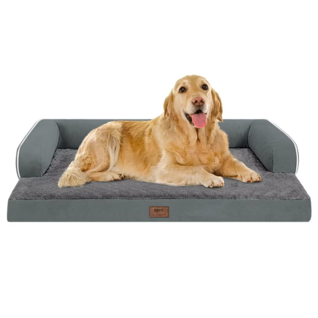 MEKIY Orthopedic Washable Dog Bed with Bolster for Medium to Large Dogs | Pillow Support for Neck Relief, Egg Crate Foam, Waterproof Liner, Anti-Slip Bottom, Removable Bolster Cover, 36 x 27 Inch