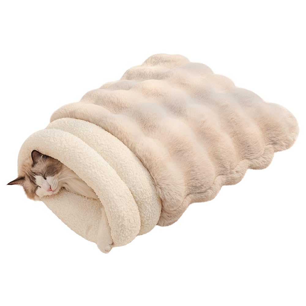 SOMAHE Cat Sleeping Bag for Indoor Cats, Faux Fur Pet Cave Bed & Burrow Nest, Reversible Plush Snuggle Sack, Portable Foldable Mat, Machine Washable, Anti-Static, 21.7"x17.7" Coffee