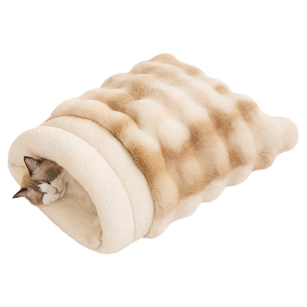 SOMAHE Cat Sleeping Bag for Indoor Cats, Faux Fur Pet Cave Bed & Burrow Nest, Reversible Plush Snuggle Sack, Portable Foldable Mat, Machine Washable, Anti-Static, 21.7"x17.7" Coffee
