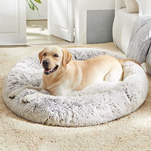 WESTERN HOME WH Calming Soft Round Dog & Cat Bed, Anti-Anxiety Donut Cuddler Warming Cozy Fluffy Faux Fur Plush Cushion Bed for Small Medium Dogs and Cats (20"/24"/27"/30"), Light Grey