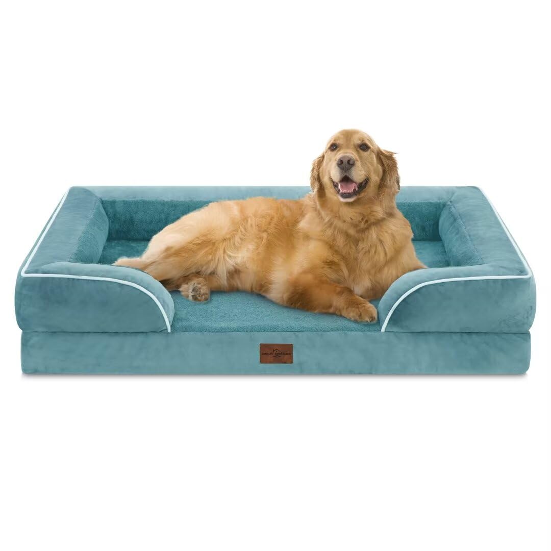 Comfort Expression Orthopedic Dog Bed for Extra Large Dogs with Bolster | Waterproof Dog Couch Bed with Washable Cover & Non-Slip Bottom, Supportive Egg Crate Foam XL Pet Bed, 42x30 Inch