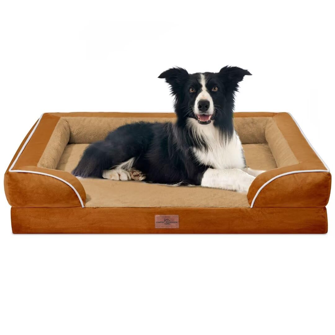 Comfort Expression Orthopedic Dog Bed for Extra Large Dogs with Bolster | Waterproof Dog Couch Bed with Washable Cover & Non-Slip Bottom, Supportive Egg Crate Foam XL Pet Bed, 42x30 Inch