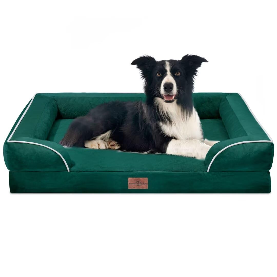 Comfort Expression Orthopedic Dog Bed for Extra Large Dogs with Bolster | Waterproof Dog Couch Bed with Washable Cover & Non-Slip Bottom, Supportive Egg Crate Foam XL Pet Bed, 42x30 Inch