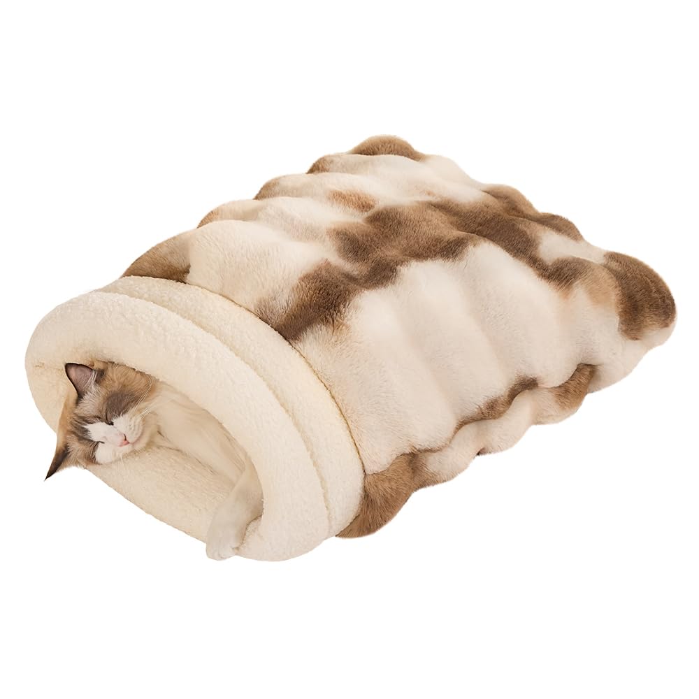 SOMAHE Cat Sleeping Bag for Indoor Cats, Faux Fur Pet Cave Bed & Burrow Nest, Reversible Plush Snuggle Sack, Portable Foldable Mat, Machine Washable, Anti-Static, 21.7"x17.7" Coffee