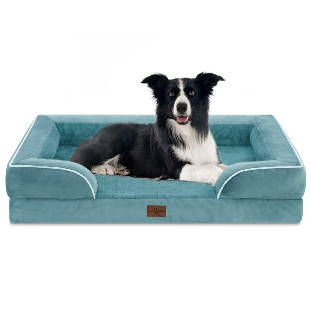 Comfort Expression Orthopedic Dog Bed for Extra Large Dogs with Bolster | Waterproof Dog Couch Bed with Washable Cover & Non-Slip Bottom, Supportive Egg Crate Foam XL Pet Bed, 42x30 Inch