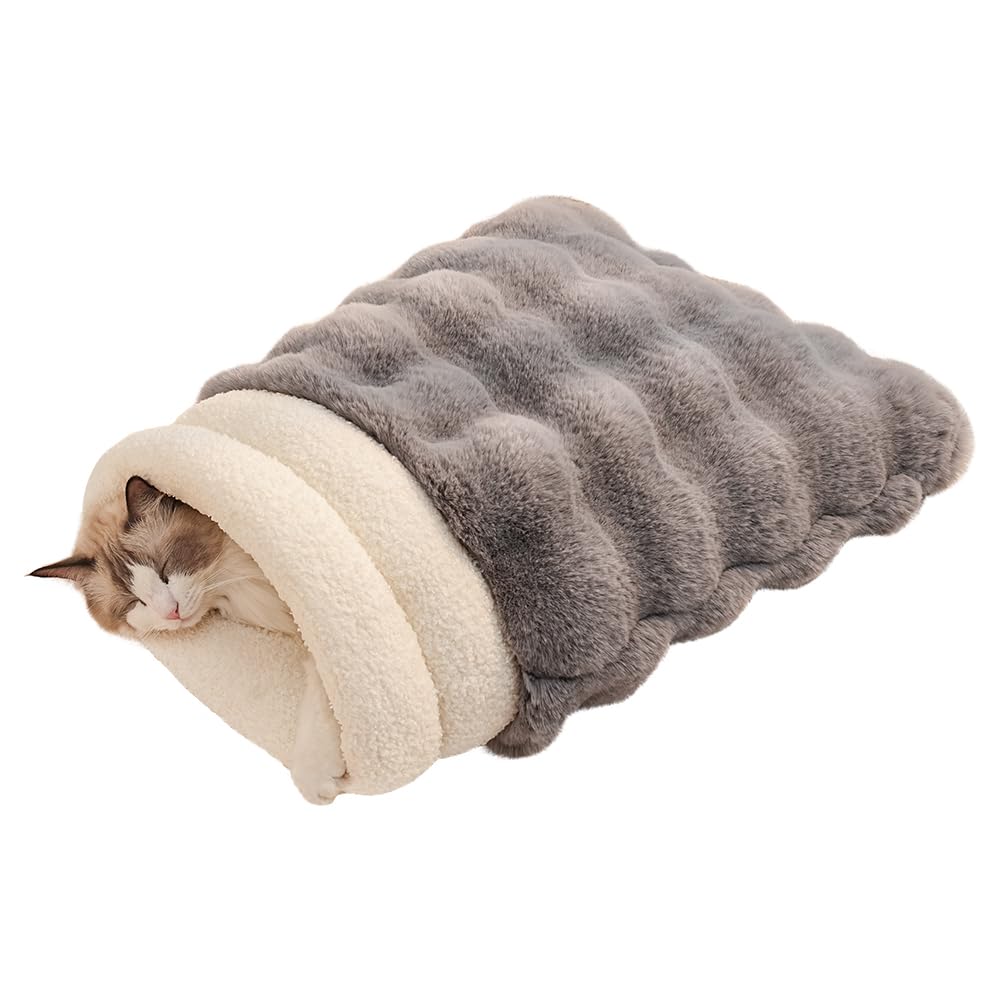SOMAHE Cat Sleeping Bag for Indoor Cats, Faux Fur Pet Cave Bed & Burrow Nest, Reversible Plush Snuggle Sack, Portable Foldable Mat, Machine Washable, Anti-Static, 21.7"x17.7" Coffee