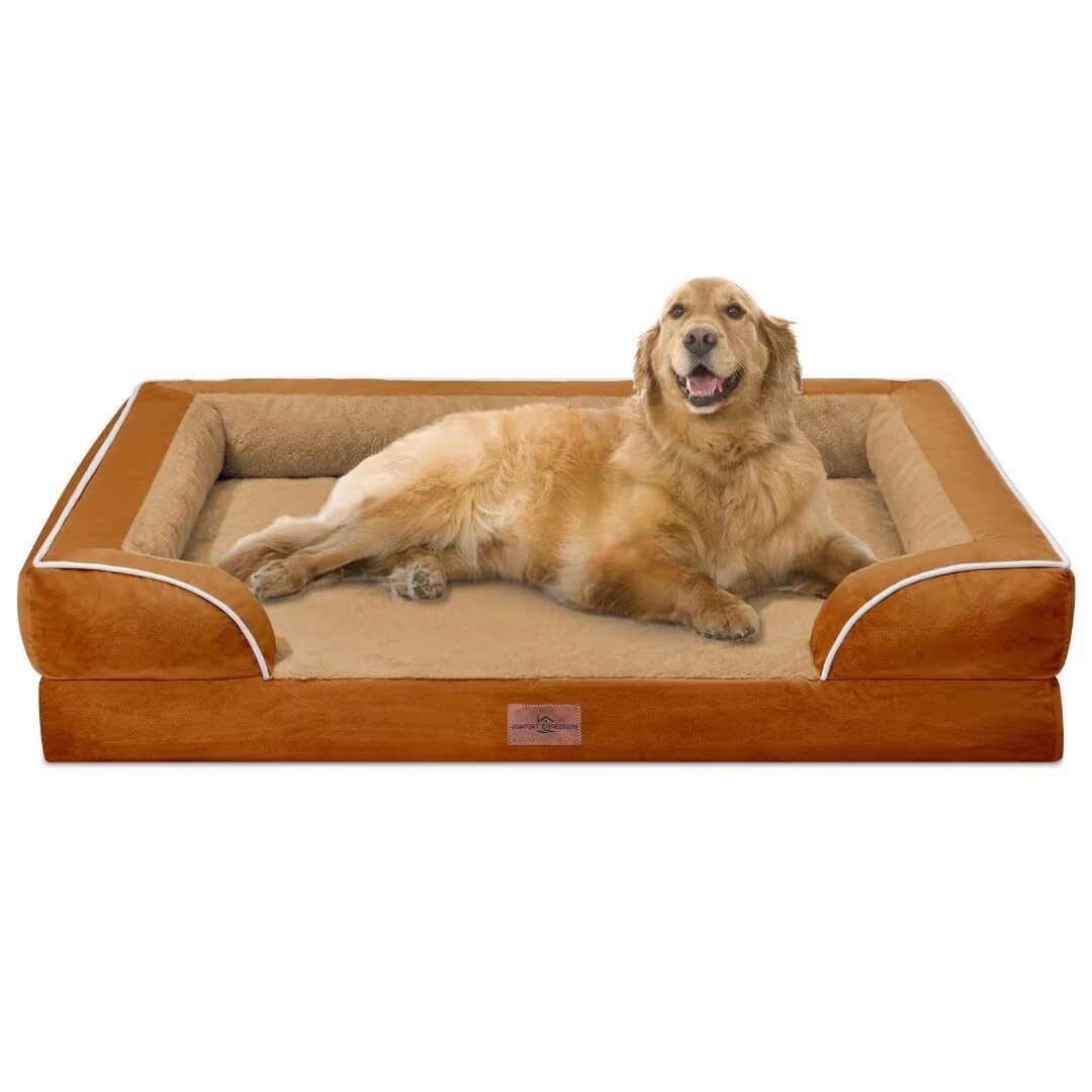 Comfort Expression Orthopedic Dog Bed for Extra Large Dogs with Bolster | Waterproof Dog Couch Bed with Washable Cover & Non-Slip Bottom, Supportive Egg Crate Foam XL Pet Bed, 42x30 Inch