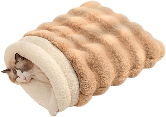 SOMAHE Cat Sleeping Bag for Indoor Cats, Faux Fur Pet Cave Bed & Burrow Nest, Reversible Plush Snuggle Sack, Portable Foldable Mat, Machine Washable, Anti-Static, 21.7"x17.7" Coffee