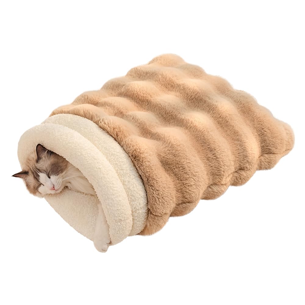 SOMAHE Cat Sleeping Bag for Indoor Cats, Faux Fur Pet Cave Bed & Burrow Nest, Reversible Plush Snuggle Sack, Portable Foldable Mat, Machine Washable, Anti-Static, 21.7"x17.7" Coffee