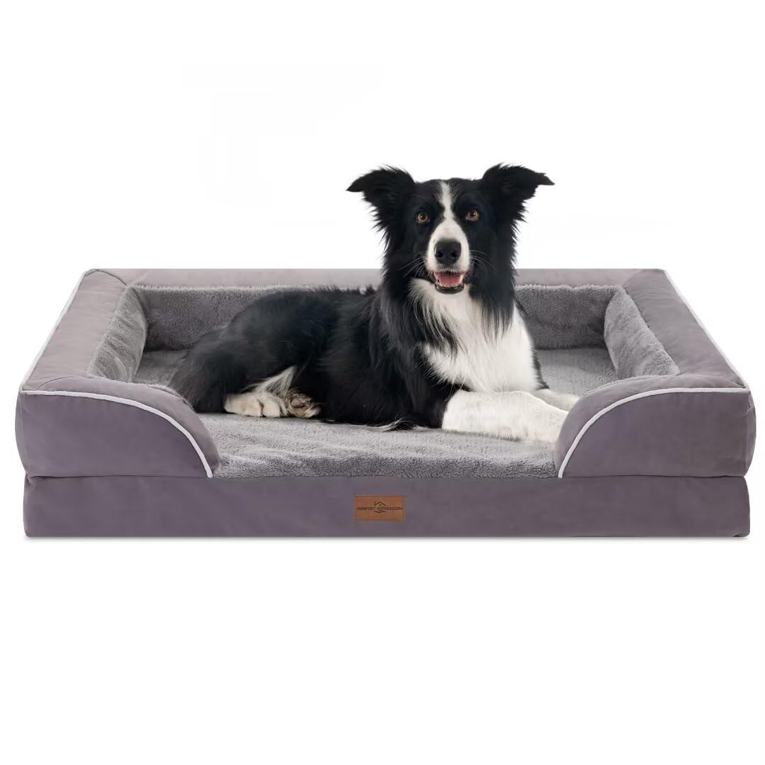 Comfort Expression Orthopedic Dog Bed for Extra Large Dogs with Bolster | Waterproof Dog Couch Bed with Washable Cover & Non-Slip Bottom, Supportive Egg Crate Foam XL Pet Bed, 42x30 Inch