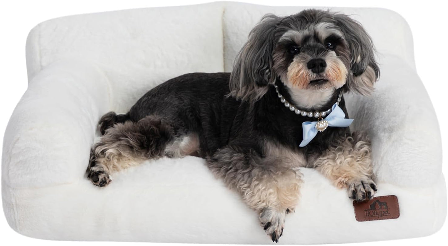 Hollypet Fluffy Dog Cat Bed Pet Couch Beds Plush Soft Warming Washable Puppy Bed for Small Medium Dogs and Large Cats, White, 24" L x 18" W x 10" Th