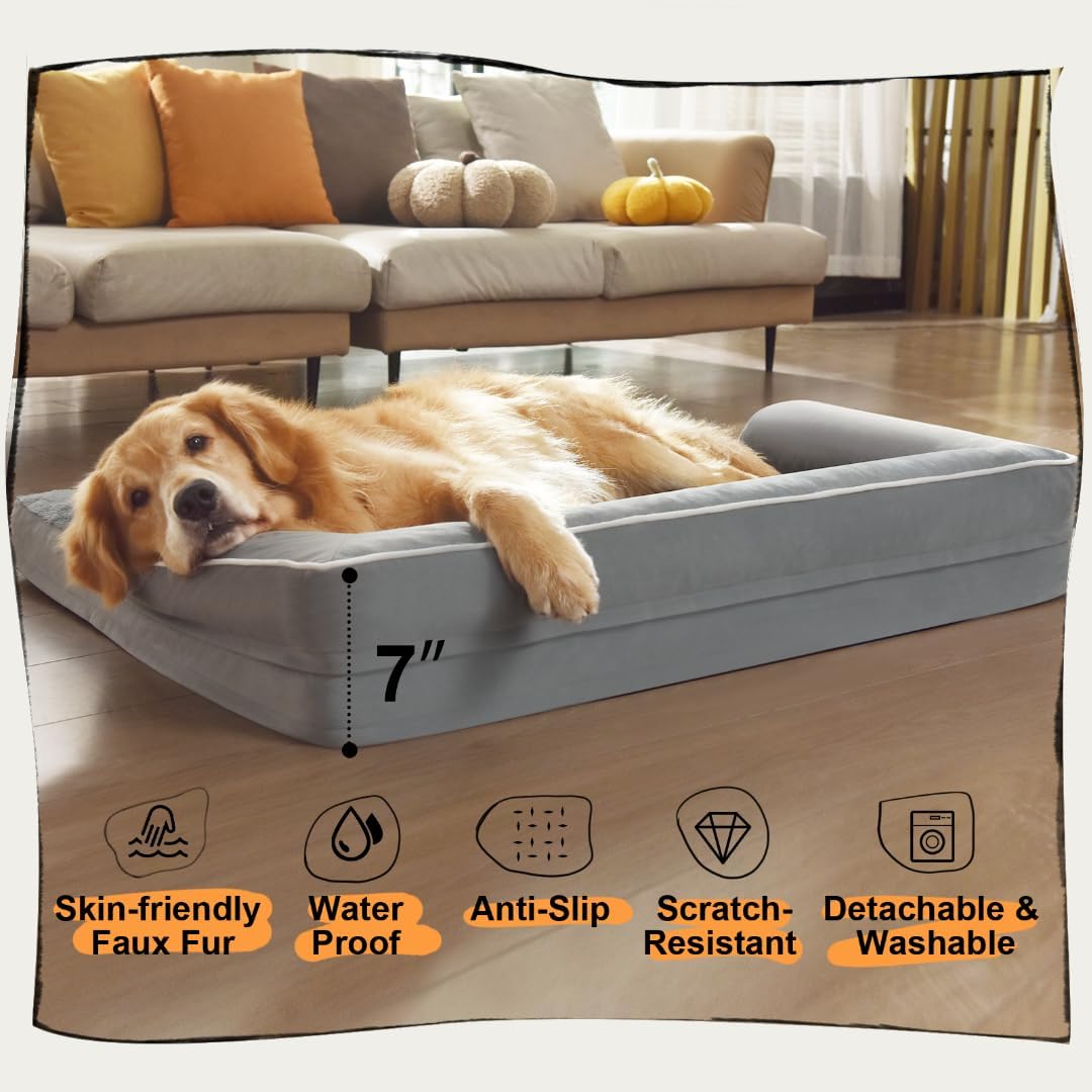 MEKIY Orthopedic Washable Dog Bed with Bolster for Medium to Large Dogs | Pillow Support for Neck Relief, Egg Crate Foam, Waterproof Liner, Anti-Slip Bottom, Removable Bolster Cover, 36 x 27 Inch