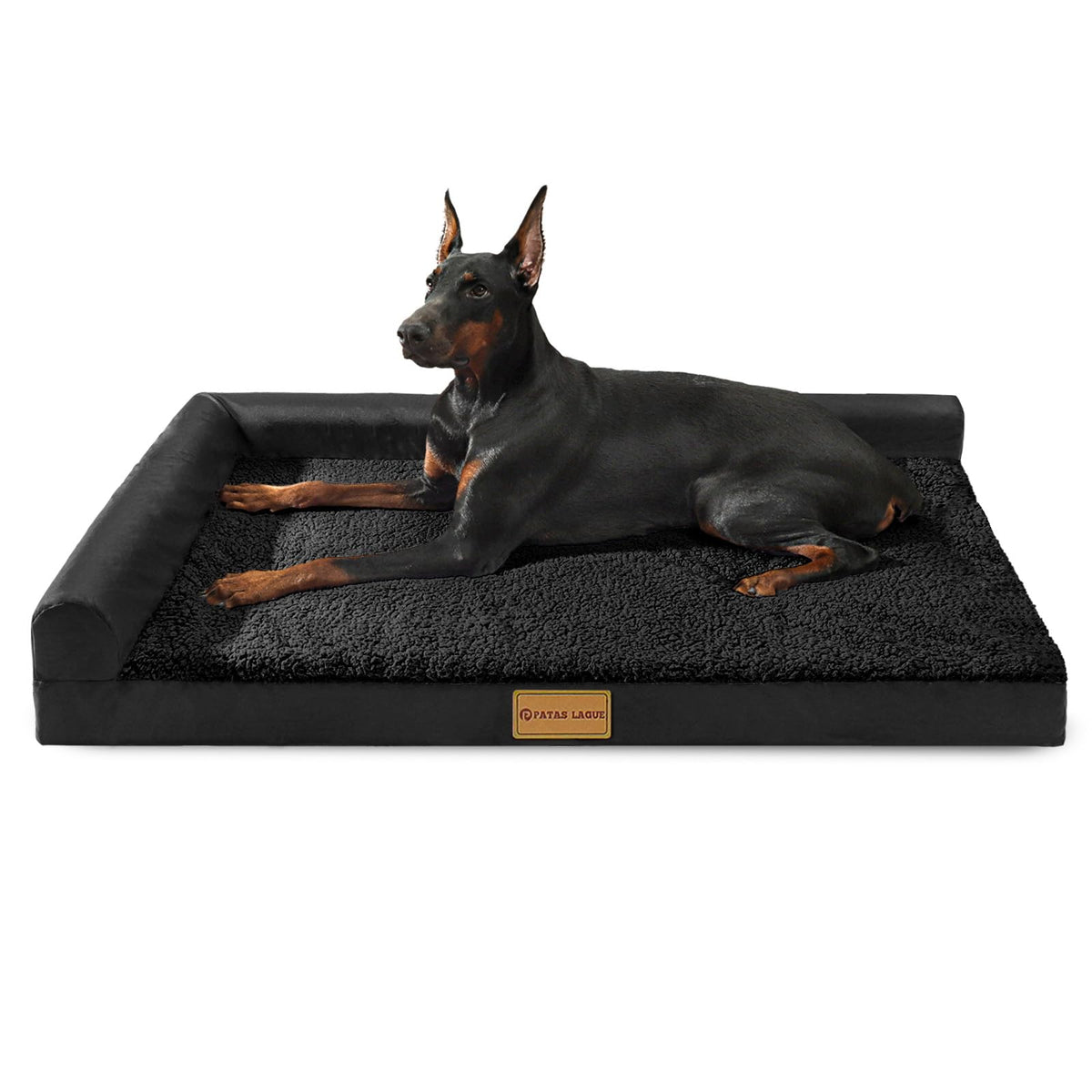 Patas Lague Orthopedic Dog Bed Large Sized Dog 36''X24'', Waterproof L Bolster Medium Pet Sofa Beds with Removable Washable Cover, Soft Pet Couch Crate Mat with Nonskid Bottom, Black