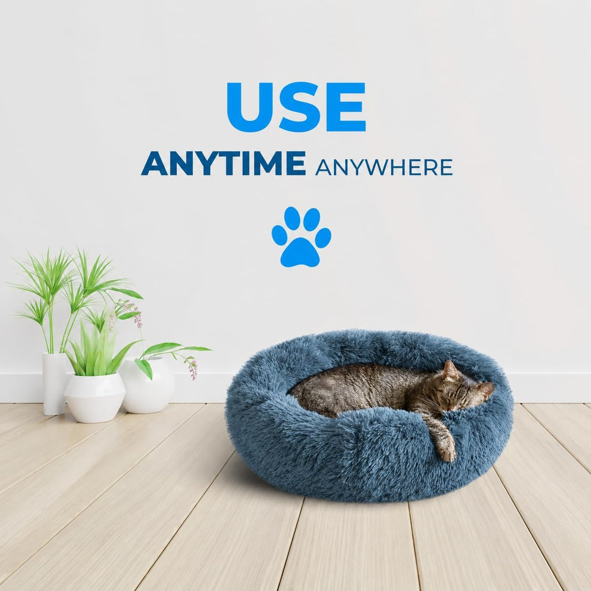 Whiskers & Friends Cat Beds for Indoor Cats, Fluffy Calming Donut Cat Bed, Small Dog Bed Washable - Orthopedic Soft Plush Pet Beds Sized for Kitten to Large Cats & Puppy to Small Dogs - Navy Grey 20''