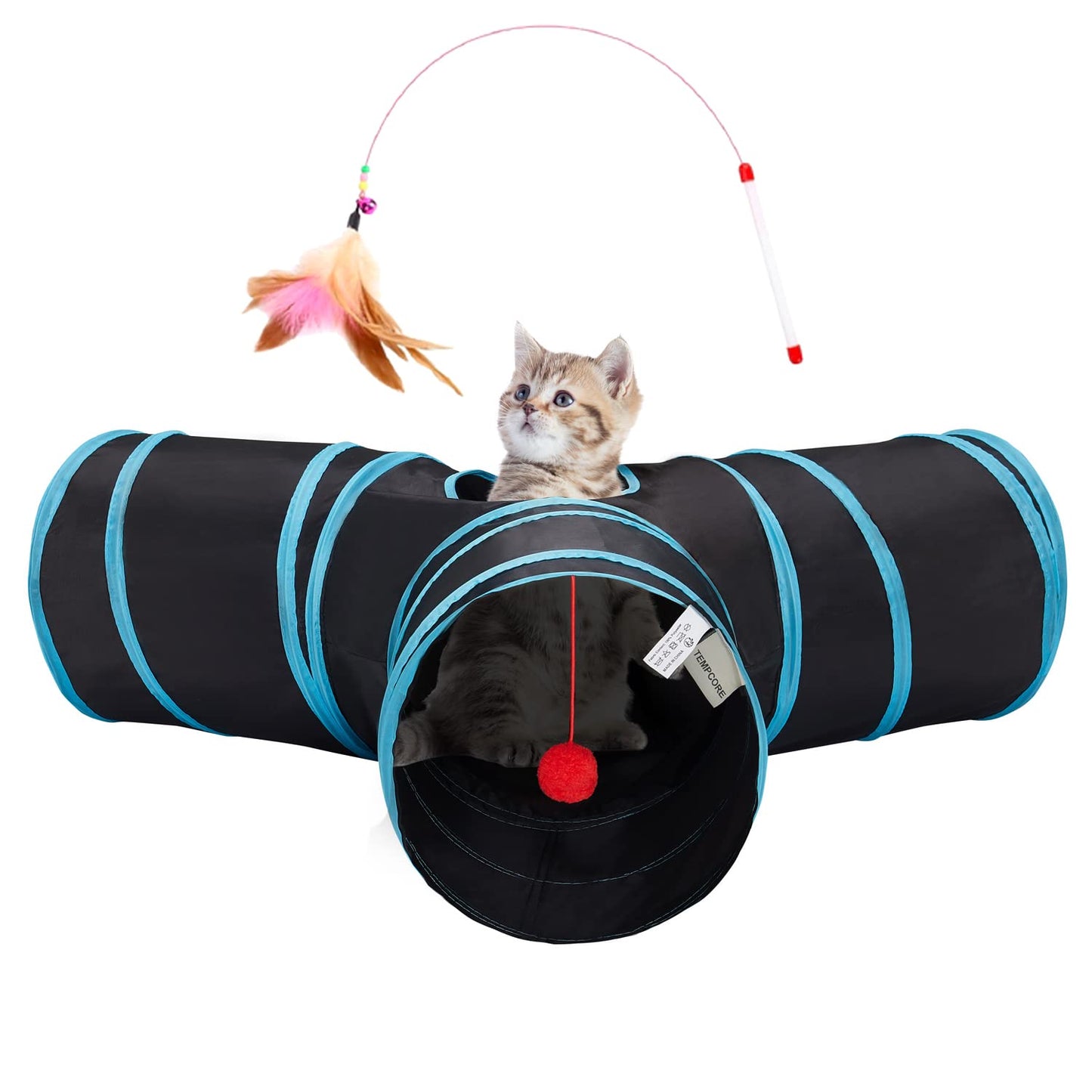 Tempcore Pet Cat Tunnel Tube Toys 3 Way Collapsible, Tunnels for Indoor Cats, Interactive Tube with Teaser Wand, Peek Holes & Hanging Ball, Black & Blue