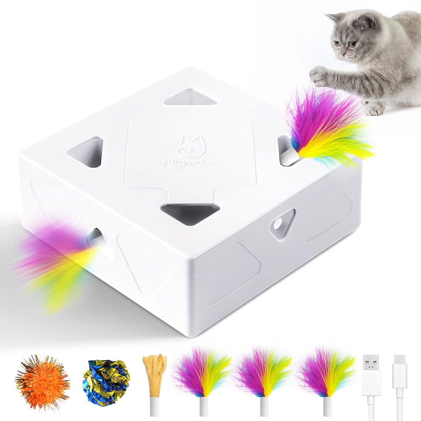 Interactive Cat Toys -Migibox for Indoor Bored Cats, Automatic Pop Out Feathers from 7 Holes Randomly, Motion Activated, USB Rechargeable (Purple Skin)