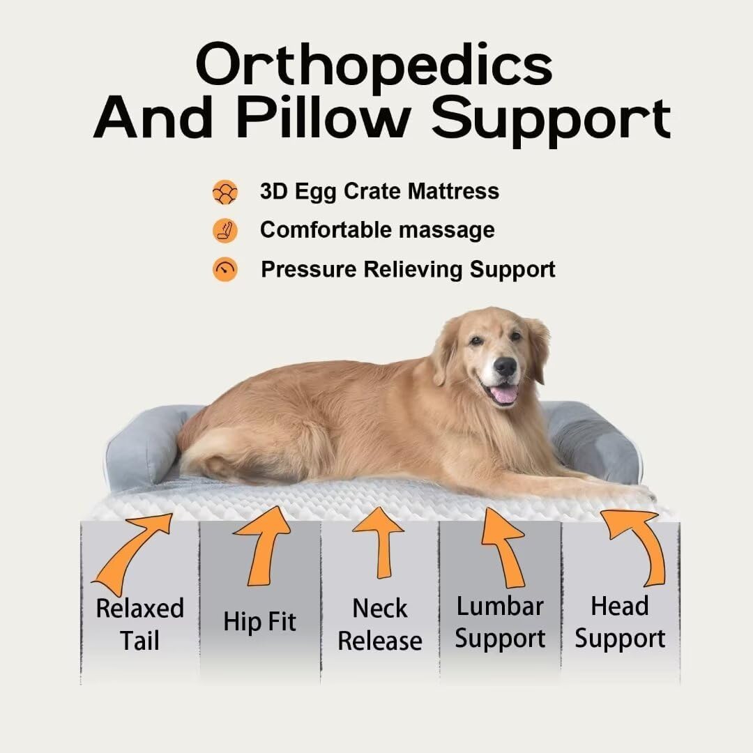 MEKIY Orthopedic Washable Dog Bed with Bolster for Medium to Large Dogs | Pillow Support for Neck Relief, Egg Crate Foam, Waterproof Liner, Anti-Slip Bottom, Removable Bolster Cover, 36 x 27 Inch