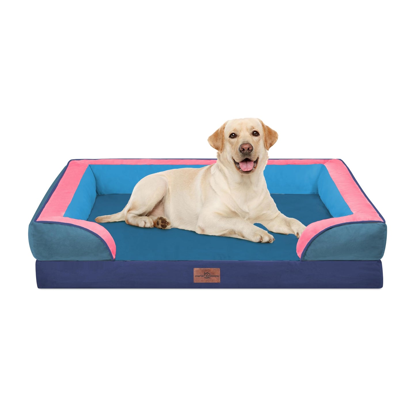 Comfort Expression Orthopedic Dog Bed for Extra Large Dogs with Bolster | Waterproof Dog Couch Bed with Washable Cover & Non-Slip Bottom, Supportive Egg Crate Foam XL Pet Bed, 42x30 Inch