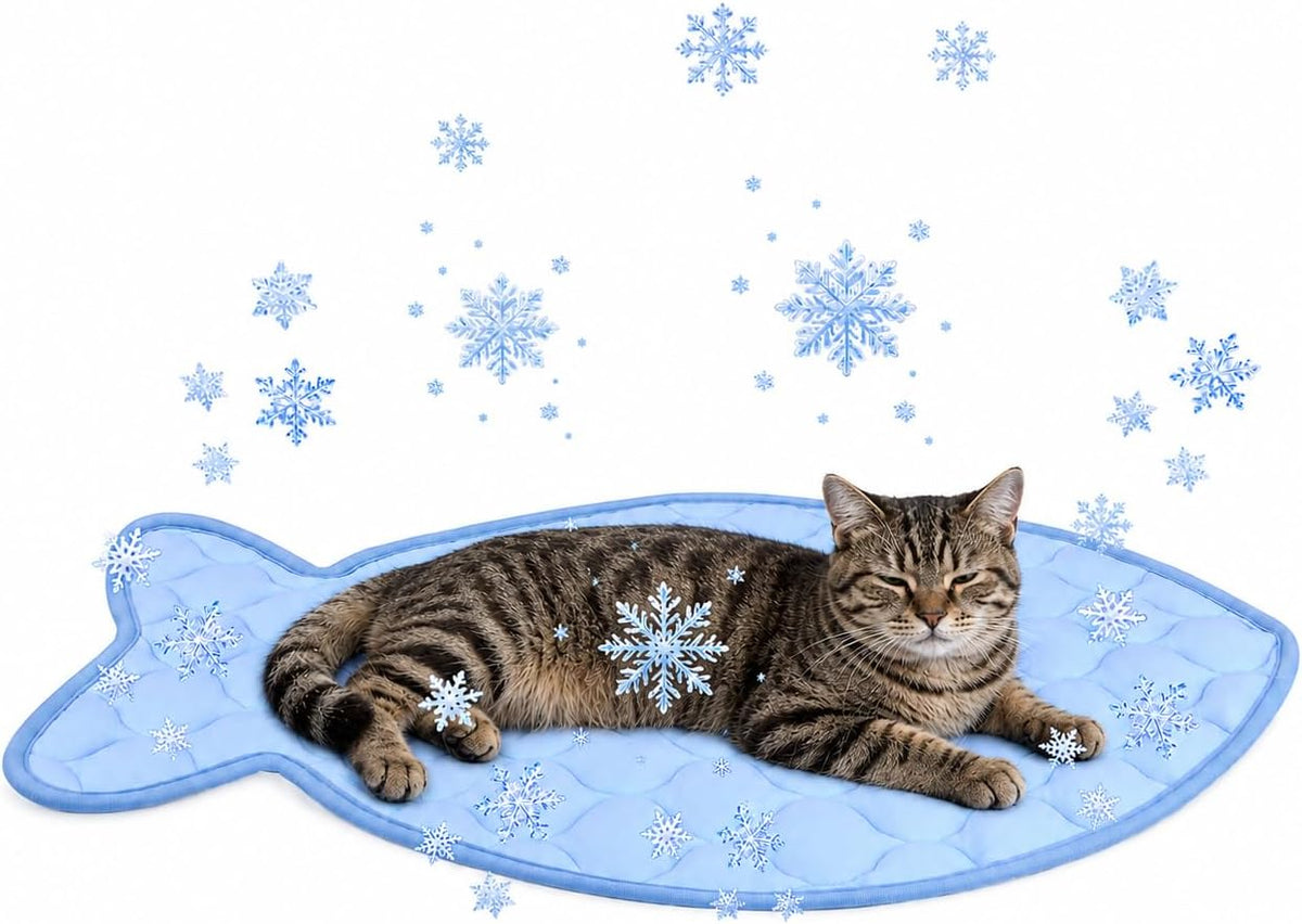 SZEE Cat Cooling Mat, Cooling Mat for Cats, with Ice Silk Fabric, Machine Washable, Fish-Shaped, for Bed, Sofa, Floor, Car Seat & Crate, with Anti-Slip Bottom (27” × 18”)