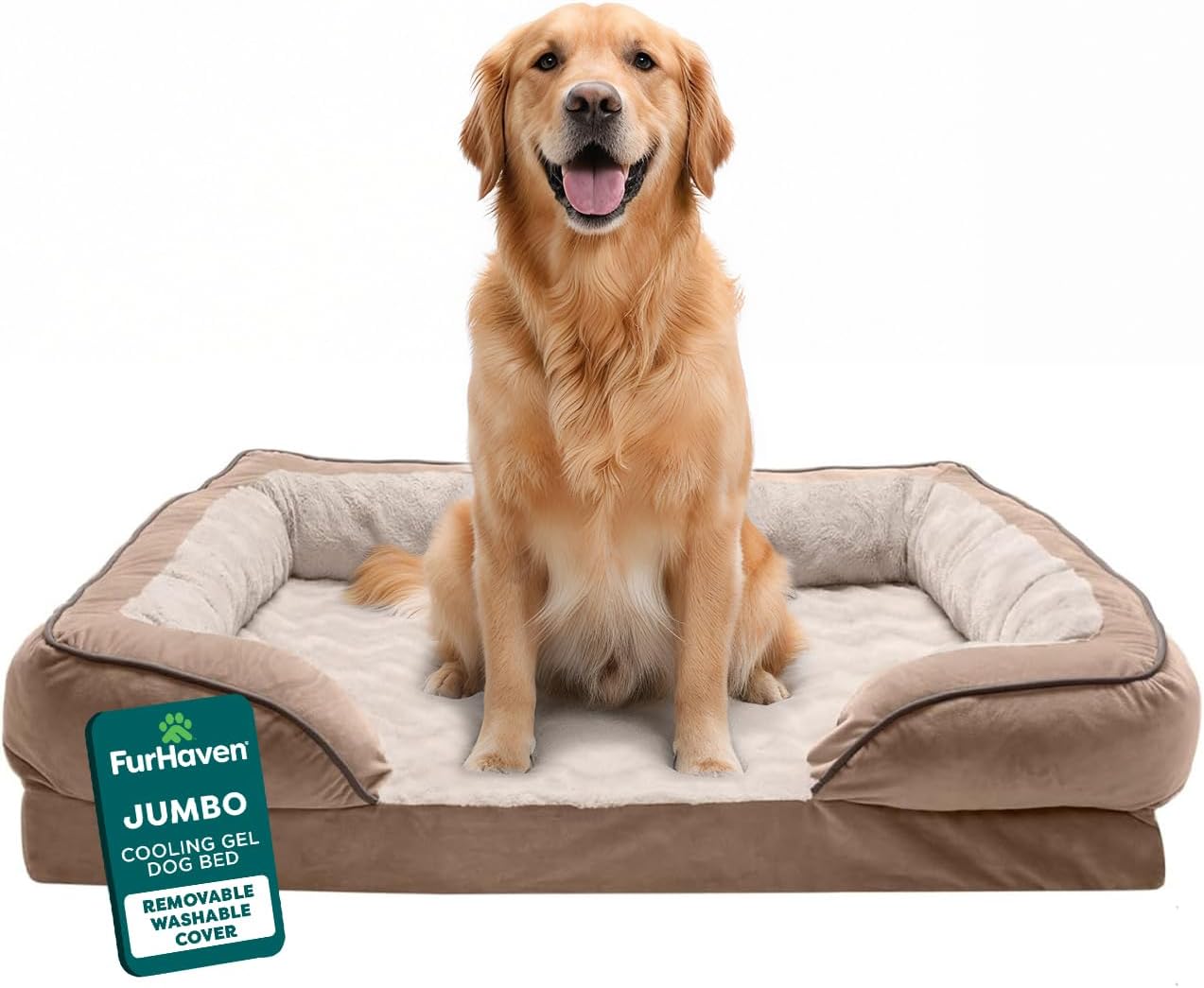 FurHaven Cooling Gel Dog Bed for Large Dogs, Perfect Comfort Sofa Bed, Cool Gel-Top Foam & Solid Orthopedic Foam Base for Joint Support, Removable Washable Cover, Jumbo XL, Plush & Velvet, Brownstone