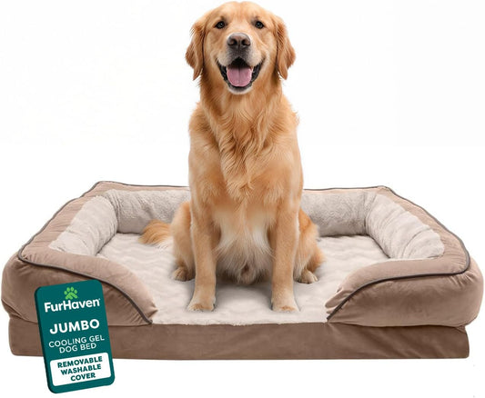 FurHaven Cooling Gel Dog Bed for Large Dogs, Perfect Comfort Sofa Bed, Cool Gel-Top Foam & Solid Orthopedic Foam Base for Joint Support, Removable Washable Cover, Jumbo XL, Plush & Velvet, Brownstone