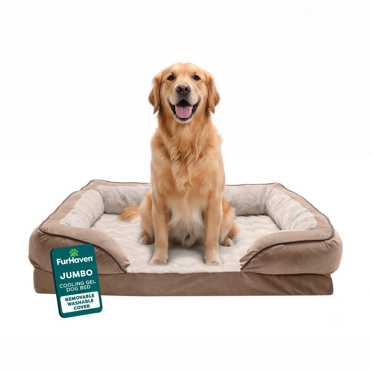 FurHaven Cooling Gel Dog Bed for Large Dogs, Perfect Comfort Sofa Bed, Cool Gel-Top Foam & Solid Orthopedic Foam Base for Joint Support, Removable Washable Cover, Jumbo XL, Plush & Velvet, Brownstone