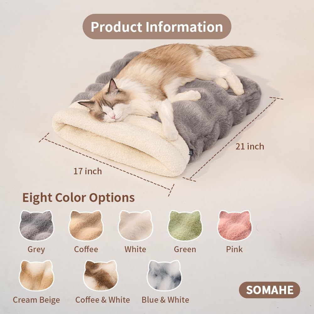 SOMAHE Cat Sleeping Bag for Indoor Cats, Faux Fur Pet Cave Bed & Burrow Nest, Reversible Plush Snuggle Sack, Portable Foldable Mat, Machine Washable, Anti-Static, 21.7"x17.7" Coffee