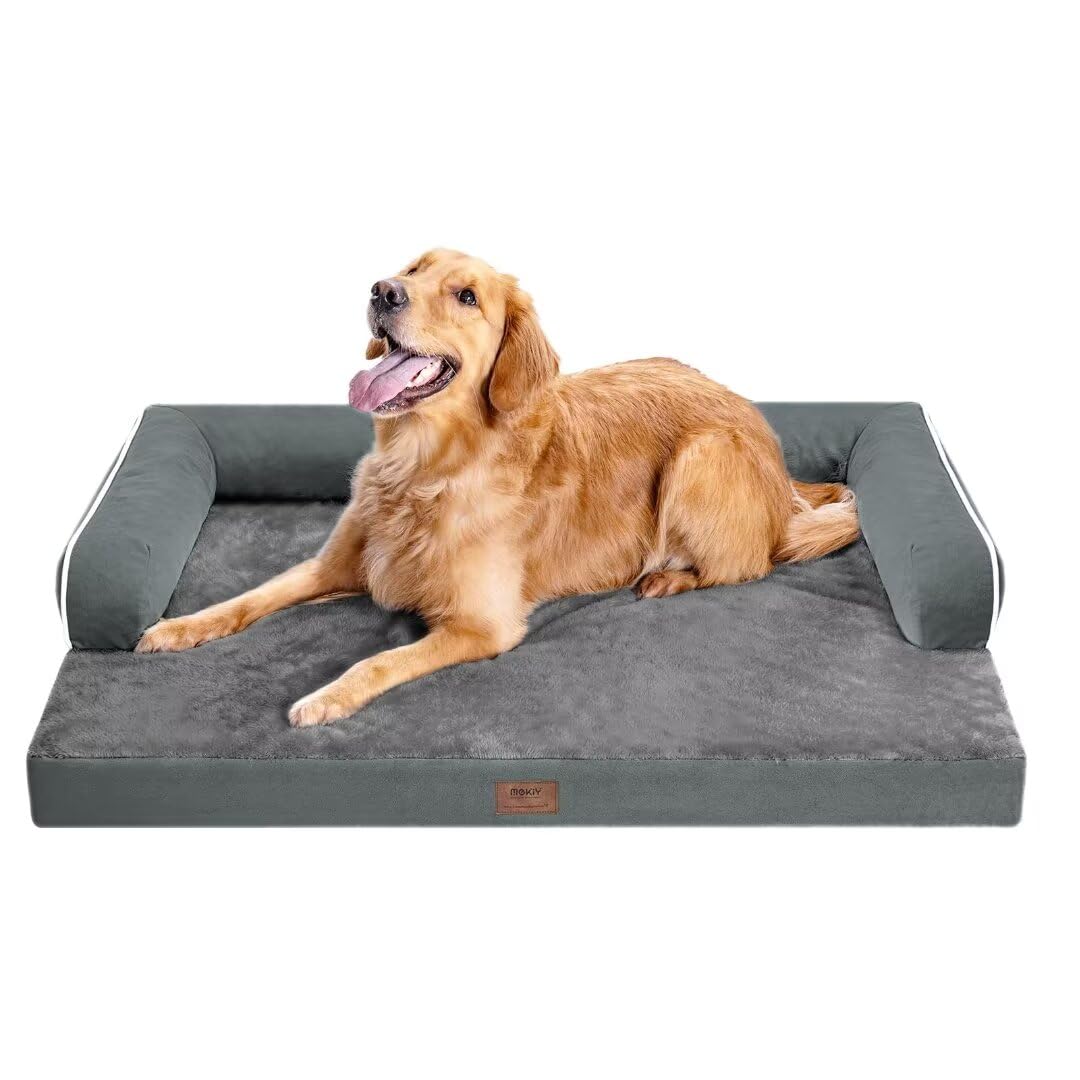 MEKIY Orthopedic Washable Dog Bed with Bolster for Medium to Large Dogs | Pillow Support for Neck Relief, Egg Crate Foam, Waterproof Liner, Anti-Slip Bottom, Removable Bolster Cover, 36 x 27 Inch