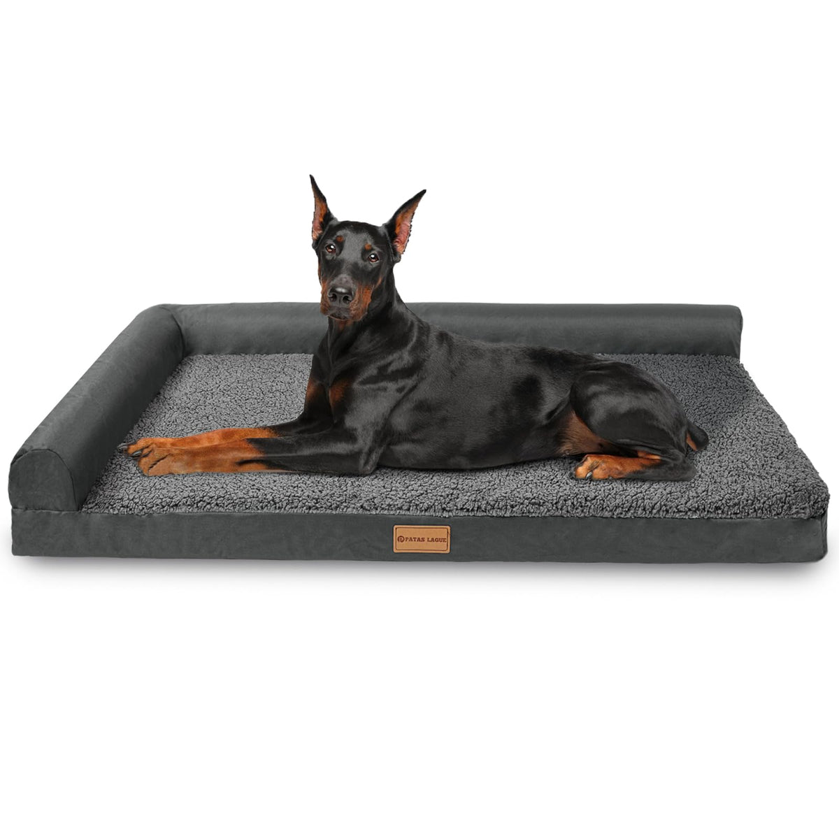 Patas Lague Orthopedic Dog Bed Large Sized Dog 36''X24'', Waterproof L Bolster Medium Pet Sofa Beds with Removable Washable Cover, Soft Pet Couch Crate Mat with Nonskid Bottom, Black