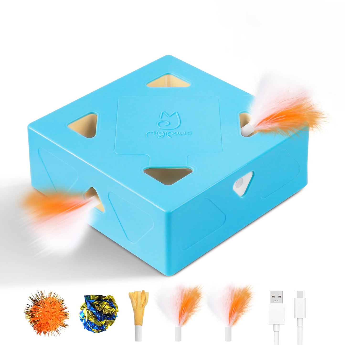 Interactive Cat Toys -Migibox for Indoor Bored Cats, Automatic Pop Out Feathers from 7 Holes Randomly, Motion Activated, USB Rechargeable (Purple Skin)