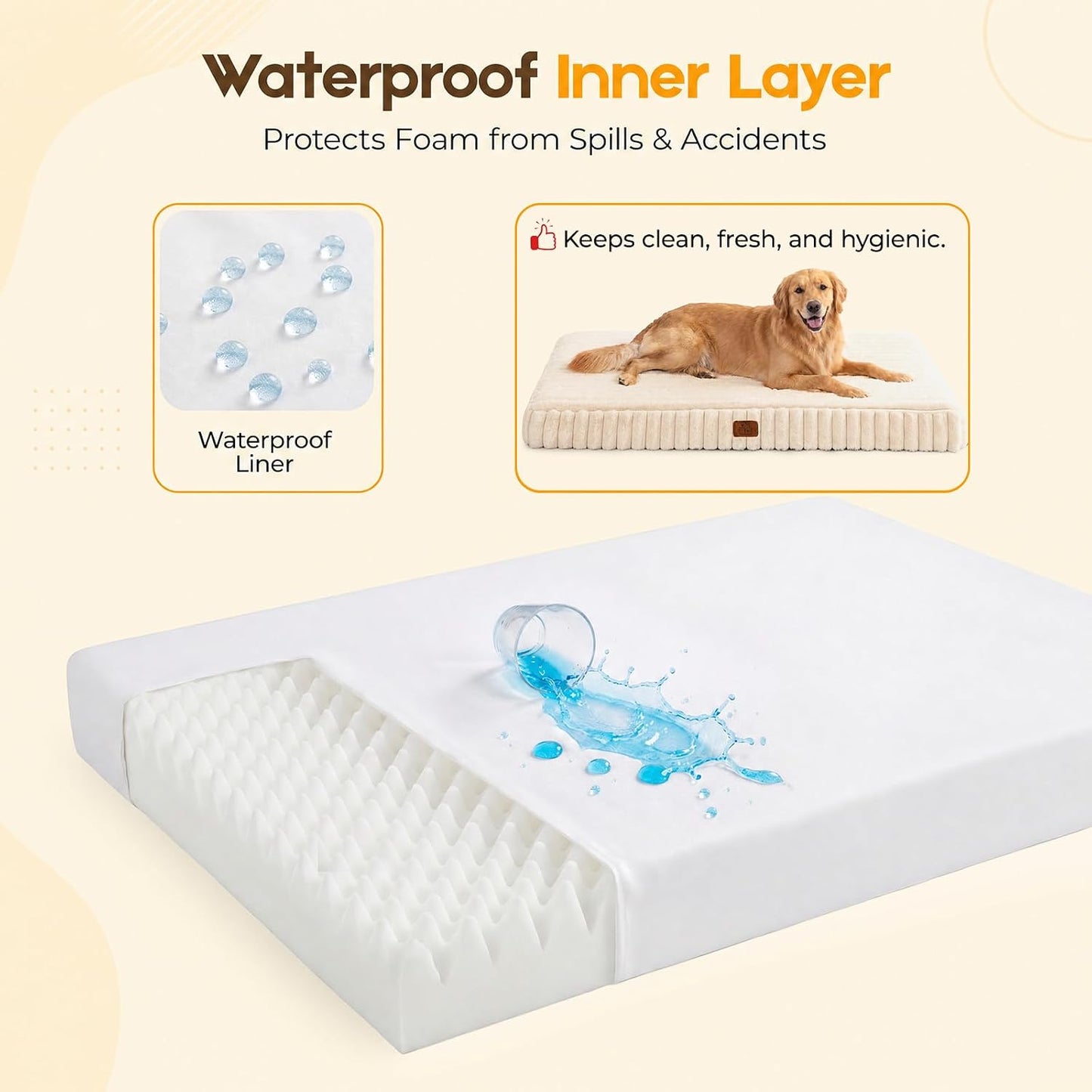 Orthopedic Dog Bed for Large Dog, Waterproof Pet Bed,Non-Slip Bottom and Egg-Crate Foam with Removable Washable Cover Crate Bed,Cream,36"x27"x3"