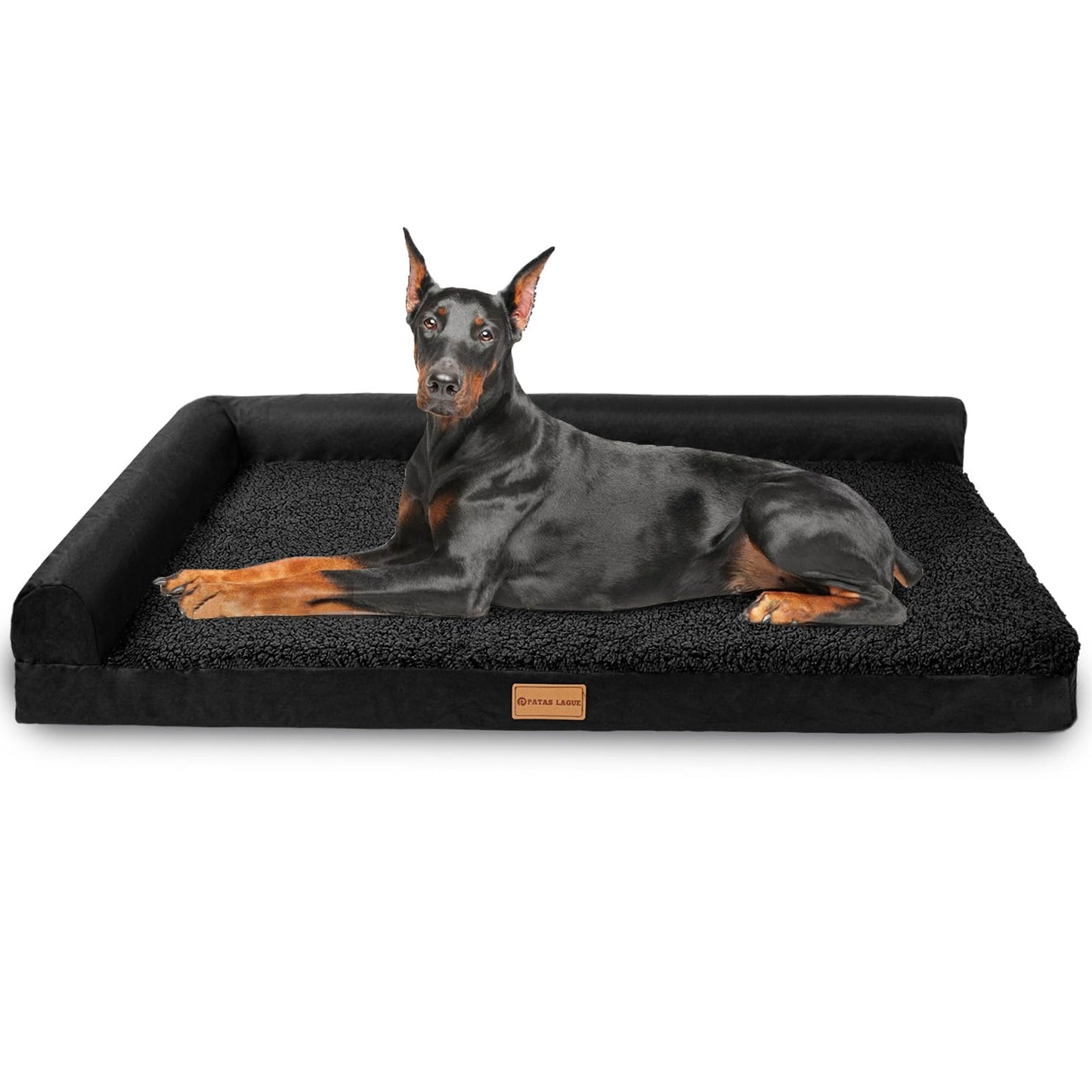 Patas Lague Orthopedic Dog Bed Large Sized Dog 36''X24'', Waterproof L Bolster Medium Pet Sofa Beds with Removable Washable Cover, Soft Pet Couch Crate Mat with Nonskid Bottom, Black