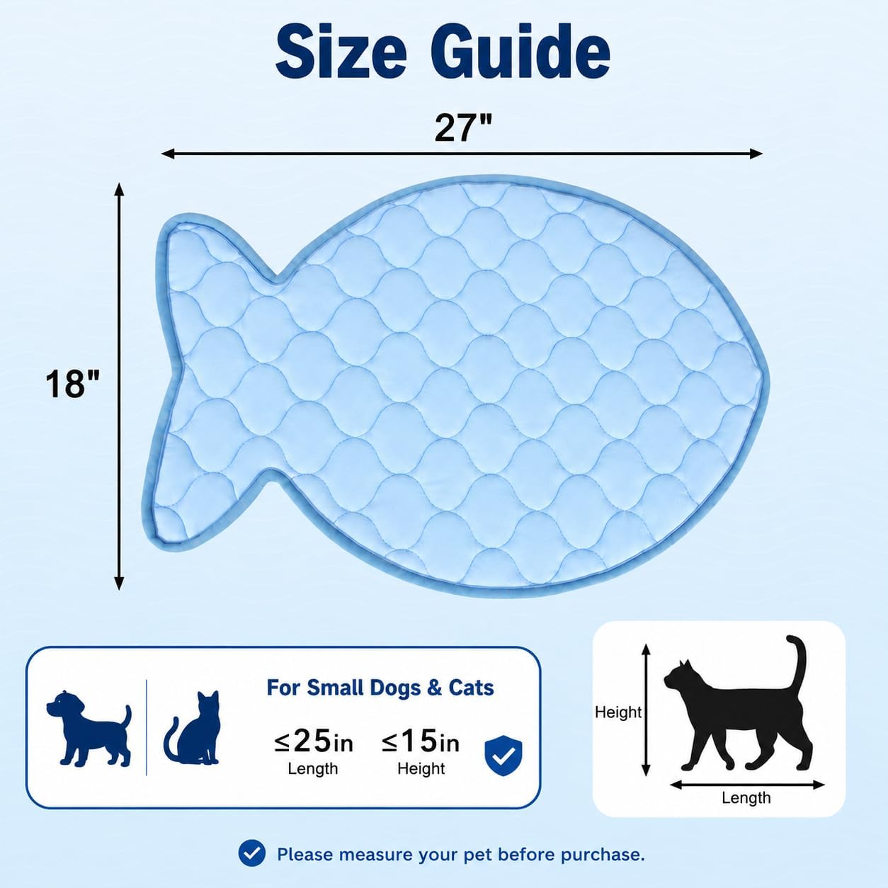 SZEE Cat Cooling Mat, Cooling Mat for Cats, with Ice Silk Fabric, Machine Washable, Fish-Shaped, for Bed, Sofa, Floor, Car Seat & Crate, with Anti-Slip Bottom (27” × 18”)