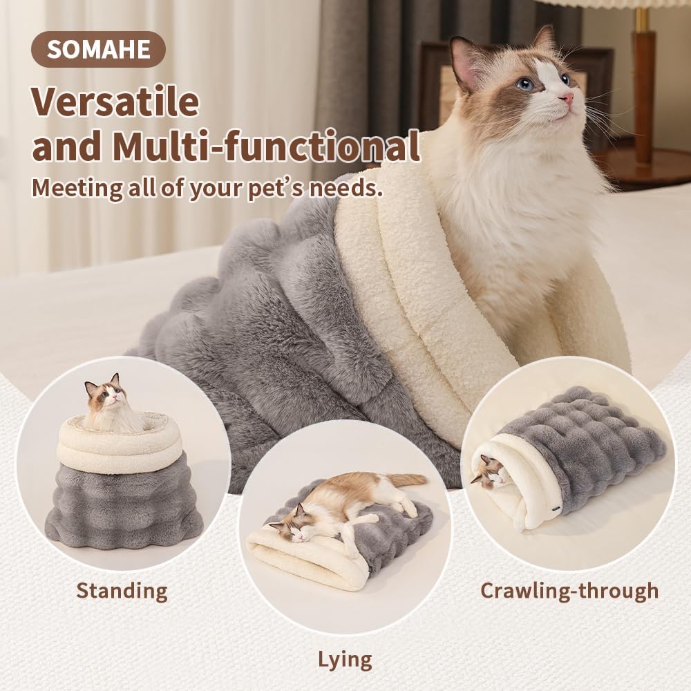 SOMAHE Cat Sleeping Bag for Indoor Cats, Faux Fur Pet Cave Bed & Burrow Nest, Reversible Plush Snuggle Sack, Portable Foldable Mat, Machine Washable, Anti-Static, 21.7"x17.7" Coffee