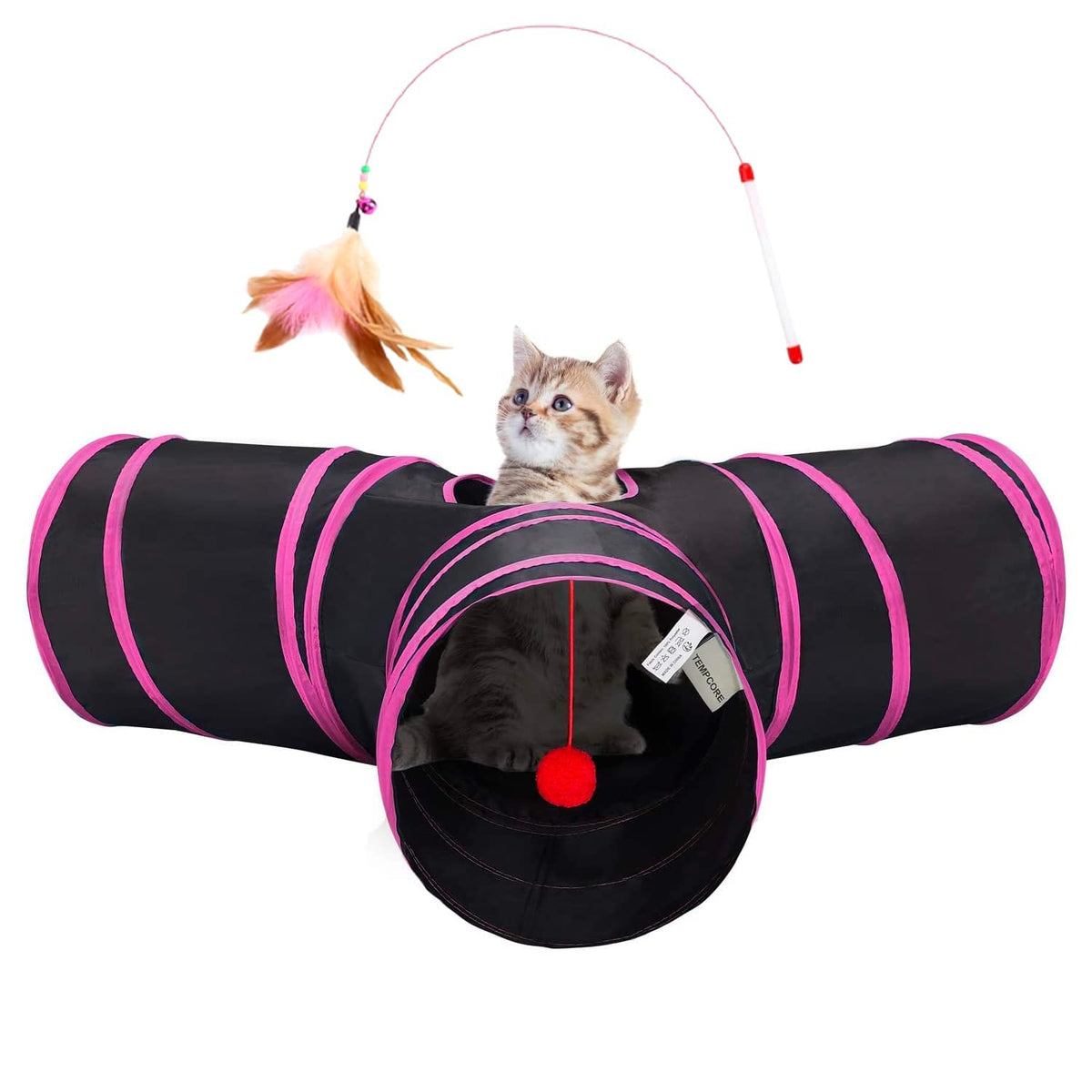 Tempcore Pet Cat Tunnel Tube Toys 3 Way Collapsible, Tunnels for Indoor Cats, Interactive Tube with Teaser Wand, Peek Holes & Hanging Ball, Black & Blue