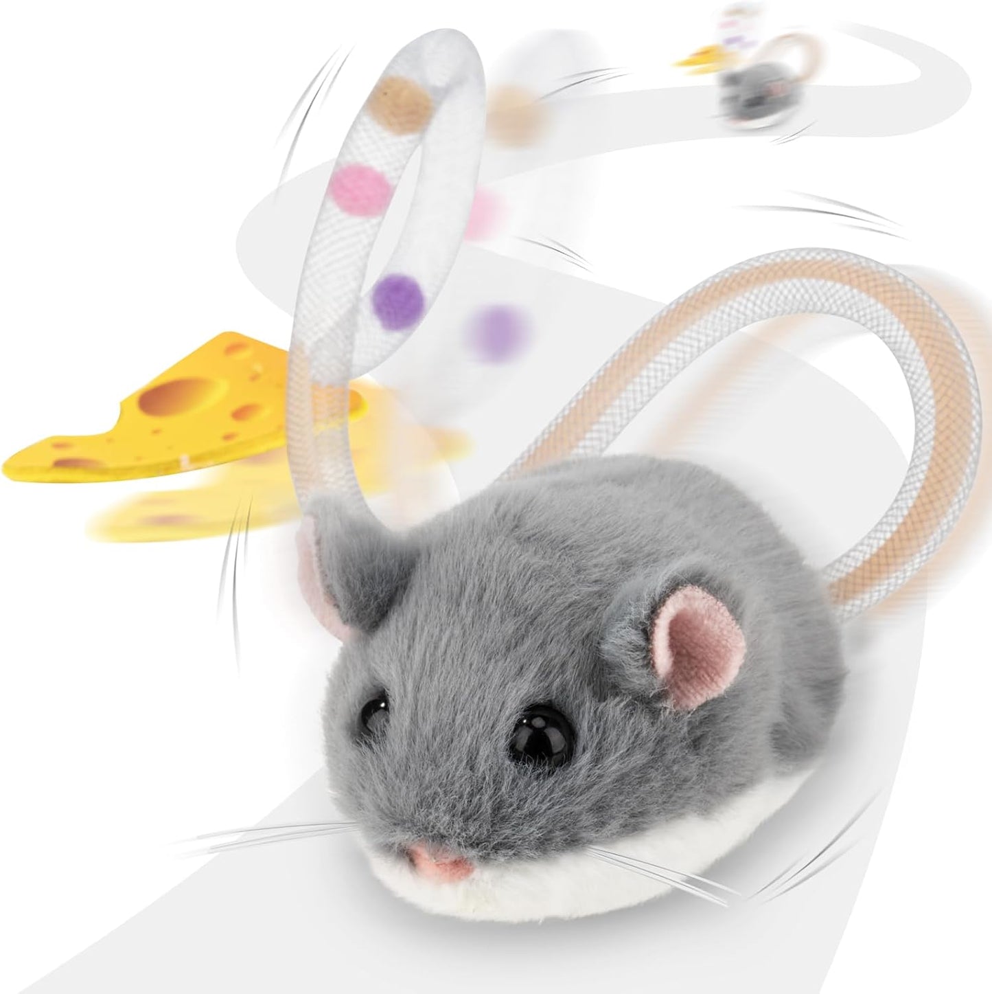 Migipaws Interactive MigiMouse Cat Toy 360° Rolling & Spin with Mesh Plastic Tail for Indoor Cats Smart Motion Sensor, Realistic Squeak, Rechargeable Plush Kitten Toy(Grey)